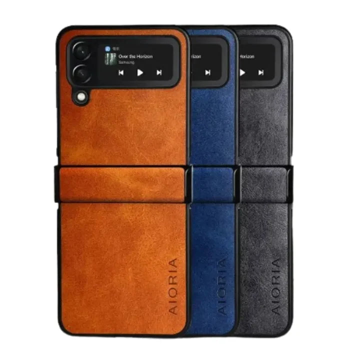 Habicare 9eight5 full protective leather case for Samsung Z Flip, showcasing sleek black design and precise cutouts.