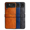 Habicare 9eight5 full protective leather case for Samsung Z Flip, showcasing sleek black design and precise cutouts.