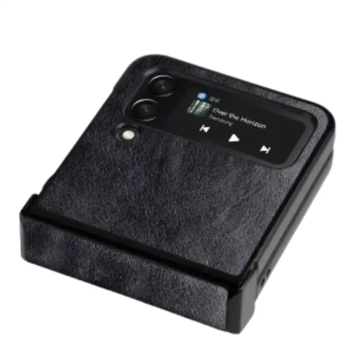 Habicare 9eight5 full protective leather case for Samsung Z Flip, showcasing smooth black leather with precise cutouts.