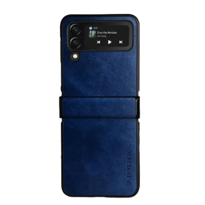 Habicare 9eight5 full protective leather case for Samsung Z Flip, featuring sleek black leather and precise cutouts for camera and ports.