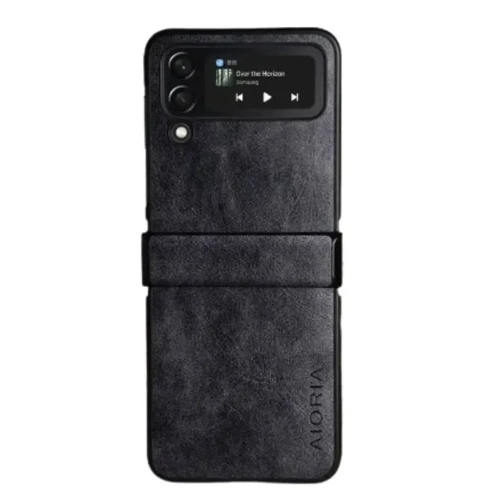 Habicare 9eight5 full protective leather case for Samsung Z Flip, featuring a sleek design and precise cutouts for screen and camera.