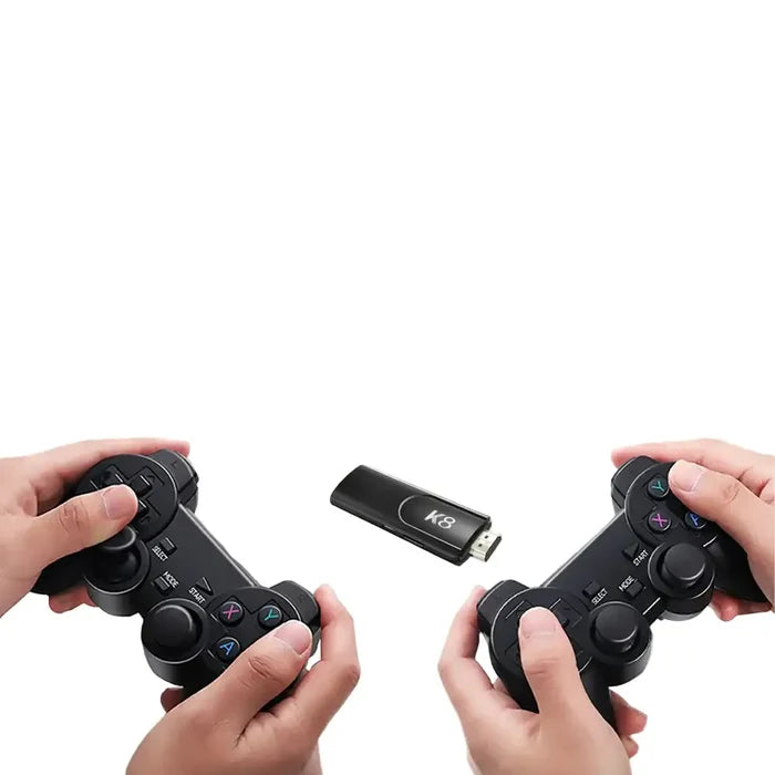 Habicare 9eight5 Game Stick 4K HD Retro Console with classic design and multiple game options, connected to a TV.