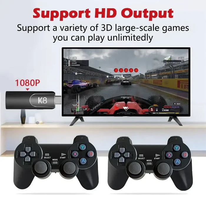 Habicare 9eight5 Game Stick 4K HD Retro Console with colorful controller and HDMI connection for nostalgic gaming.