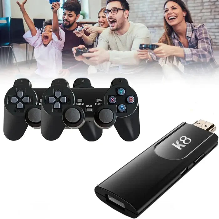 Habicare 9eight5 Game Stick 4K HD Retro Console with classic gaming interface and colorful buttons on a sleek black design.