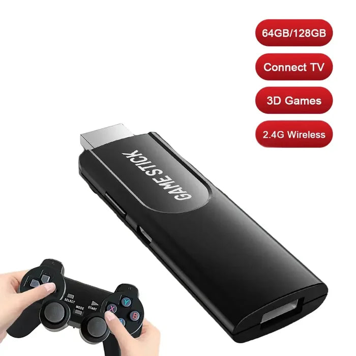 Habicare 9eight5 Game Stick 4K HD Retro Console with colorful controller and compact design, perfect for nostalgic gaming.