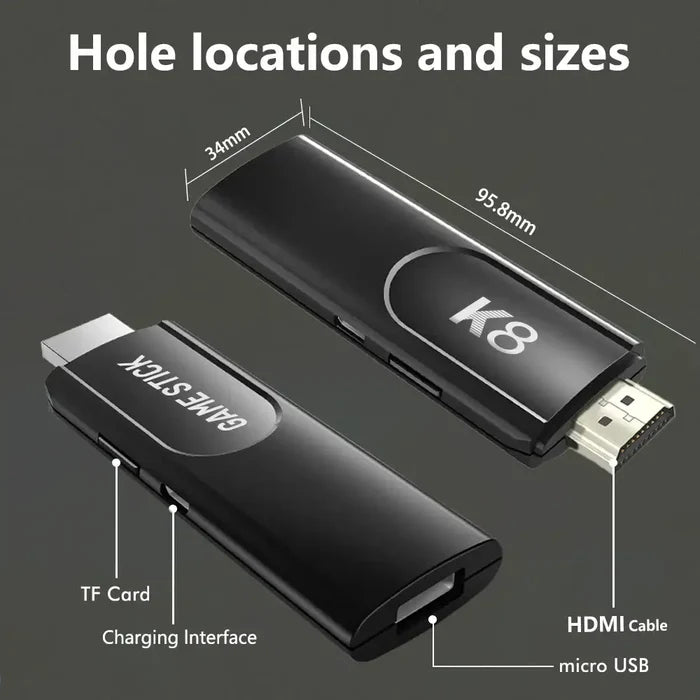 Habicare 9eight5 Game Stick 4K HD Retro Console with controller, compact design, and colorful buttons for classic gaming.