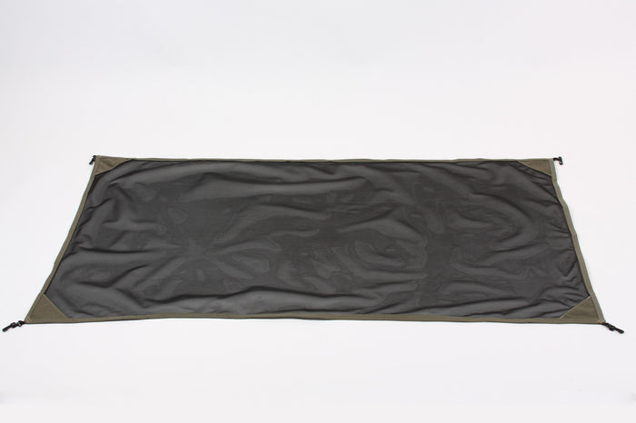Durable black mesh tarp with olive green edges, ideal for camping and outdoor use.