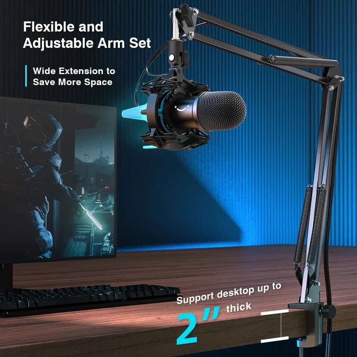 FIFINE USB dynamic microphone kit for clear sound recording, featuring a microphone with adjustable stand and accessories.
