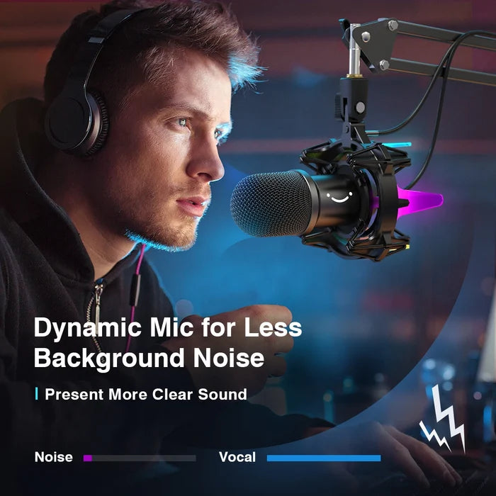 FIFINE USB dynamic microphone kit for clear audio recording, featuring a microphone with adjustable stand and accessories.