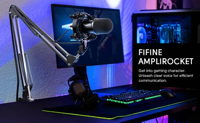 FIFINE USB dynamic microphone kit for clear sound recording, featuring a professional microphone on a stand with cables.