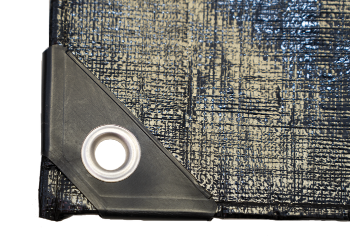Heavy-duty black tarp with grommets, textured surface for durability and easy installation.