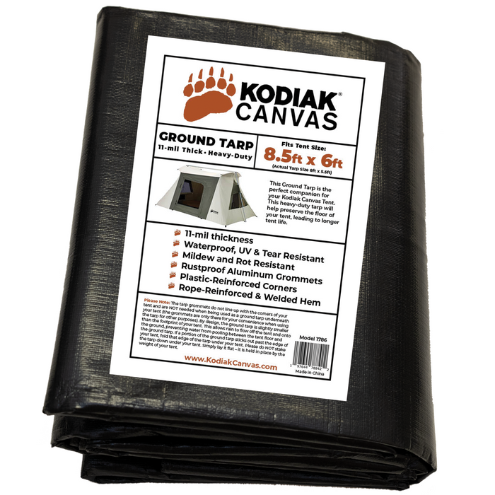 Kodiak Canvas heavy-duty ground tarp, 8.5ft x 6ft, 11-mil thick, waterproof, UV resistant, reinforced corners.