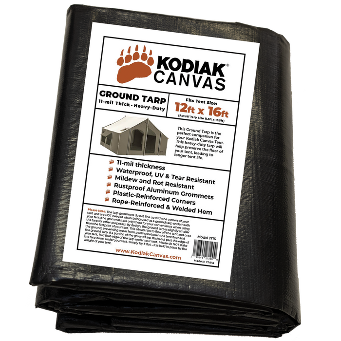 Kodiak Canvas heavy-duty ground tarp, 12ft x 16ft, waterproof, UV resistant, 11-mil thick.
