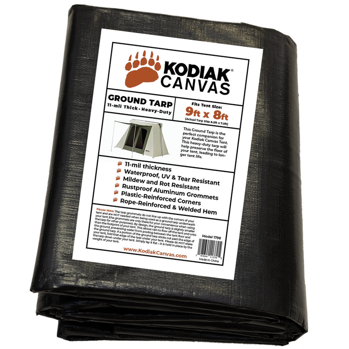 Kodiak Canvas Heavy-Duty Ground Tarp, 9ft x 8ft, 11-mil thick, waterproof, UV resistant, with reinforced corners.