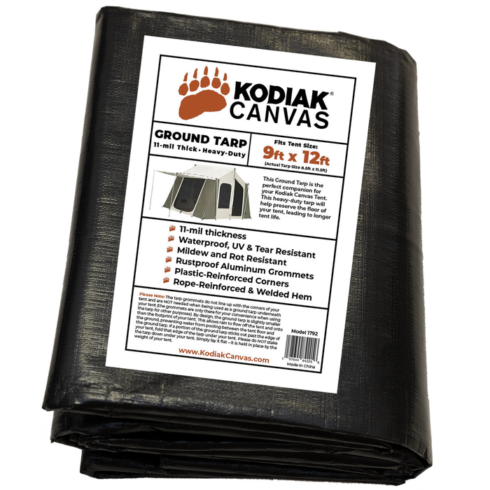 Kodiak Canvas heavy-duty ground tarp, black, 11-mil thick, waterproof, UV resistant, 9ft x 12ft.