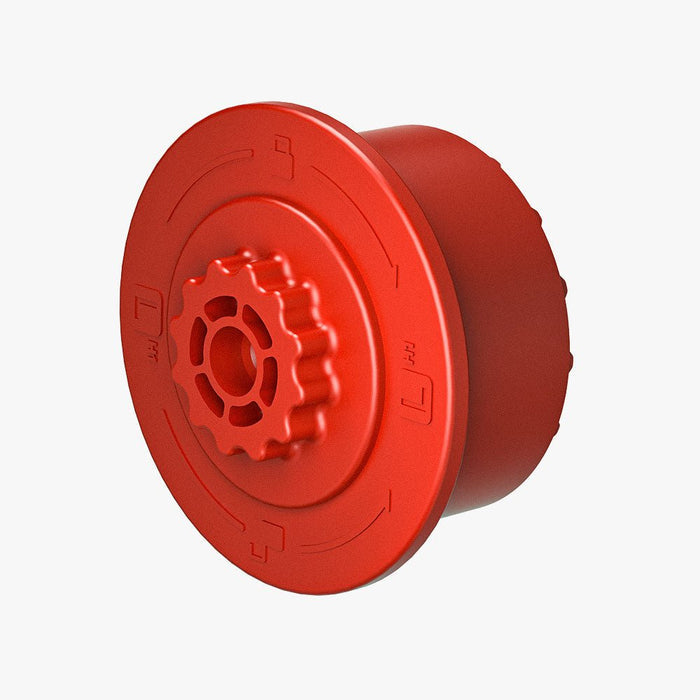 The HALOBLK Store H1-Centerlock Cap-Left is a red, round plastic spool featuring gear-like center grooves and embossed edge symbols, shown on a plain white background.