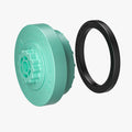 The HALOBLK Store H2-Centerlock Cap-Right, a teal round plastic part with ridges, is displayed beside a flat black circular ring, both shown on a white background.