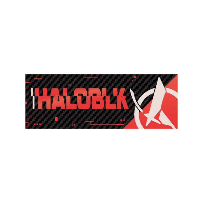 Rectangular graphic for HALOBLK Store's HALOBLK Carbon Fiber Emblem – HALO EFFECT Series, featuring "HALOBLK" in large red letters on a black patterned background and a white stylized rocket inside a red circle on the right.
