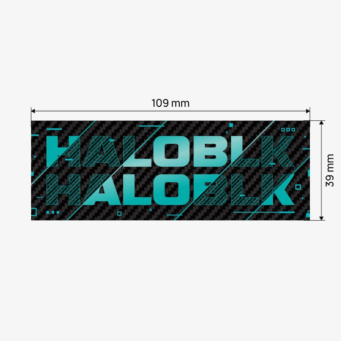 The HALOBLK Carbon Fiber Emblem – HALO EFFECT Series by HALOBLK Store is a rectangular black sticker with a carbon fiber pattern, bold turquoise "HALOBLK" text repeated twice, and measures 109 mm wide by 39 mm tall.