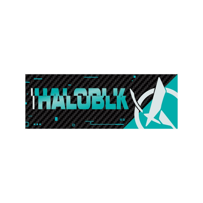 A rectangular HALOBLK Carbon Fiber Emblem from the HALO EFFECT Series by HALOBLK Store, featuring bold turquoise "HALOBLK" text on a black carbon-fiber background with a stylized rocket icon on the right.
