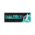 A rectangular HALOBLK Carbon Fiber Emblem from the HALO EFFECT Series by HALOBLK Store, featuring bold turquoise "HALOBLK" text on a black carbon-fiber background with a stylized rocket icon on the right.