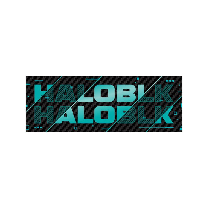 Rectangle graphic with a carbon fiber texture background features "HALOBLK" twice in bold blue-green text with diagonal and geometric accents. Showcases the HALOBLK Carbon Fiber Emblem – HALO EFFECT Series by HALOBLK Store.