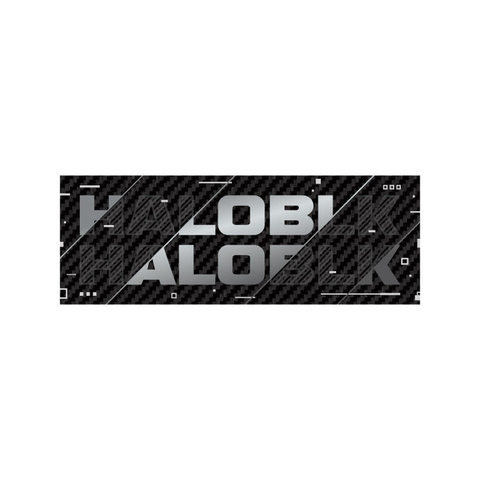 The HALOBLK Carbon Fiber Emblem – HALO EFFECT Series from HALOBLK Store features bold, metallic "HALOBLK" lettering on a black, carbon-fiber textured background with geometric patterns and subtle white accents.