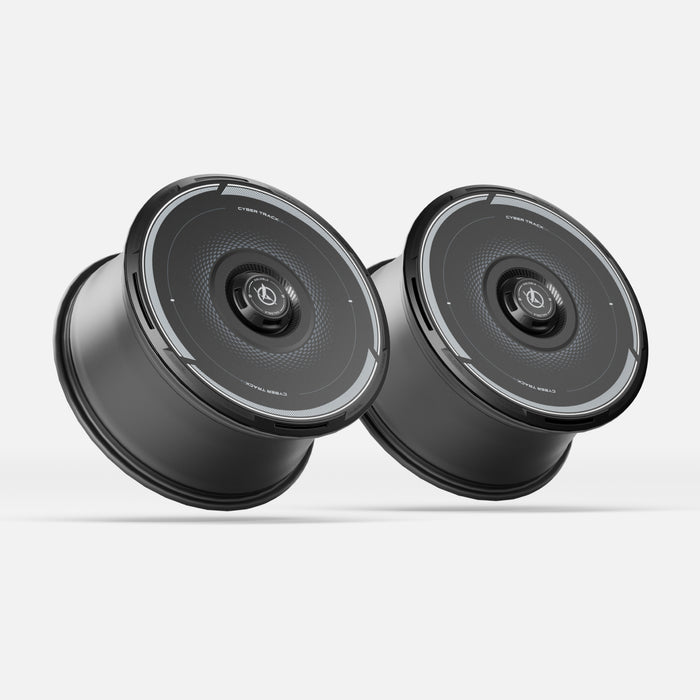 Two black, modern HALODISC 2 Wheel Covers for Tesla Model 3 from HALOBLK Store are shown side by side with a sleek, futuristic design against a plain white background.