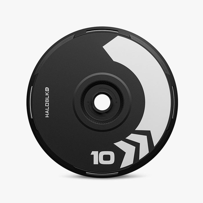 A black and white HALODISC 2 wheel cover for Tesla Model Y featuring the number 10 and arrow designs; HALOBLK Store brand printed on the left side.