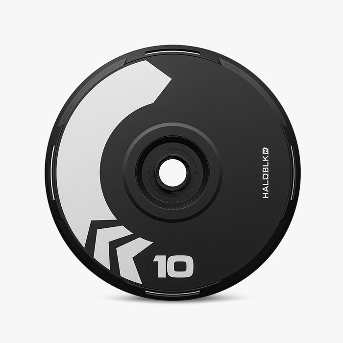 Black and white HALODISC 2 Replacement Wheel Cover for Tesla Model S by HALOBLK Store, featuring angular white designs on a solid black background with an arrow motif.