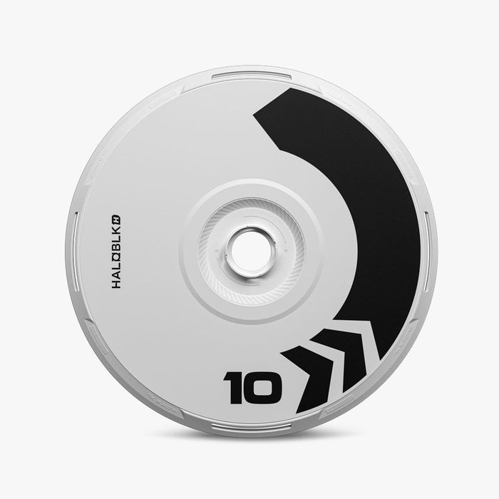 A white HALODISC 2 Replacement Wheel Cover for Tesla Model Y from HALOBLK Store, featuring a black curved stripe, bold black arrows, the number 10, and "HALOBLØD" text printed vertically on the left side.