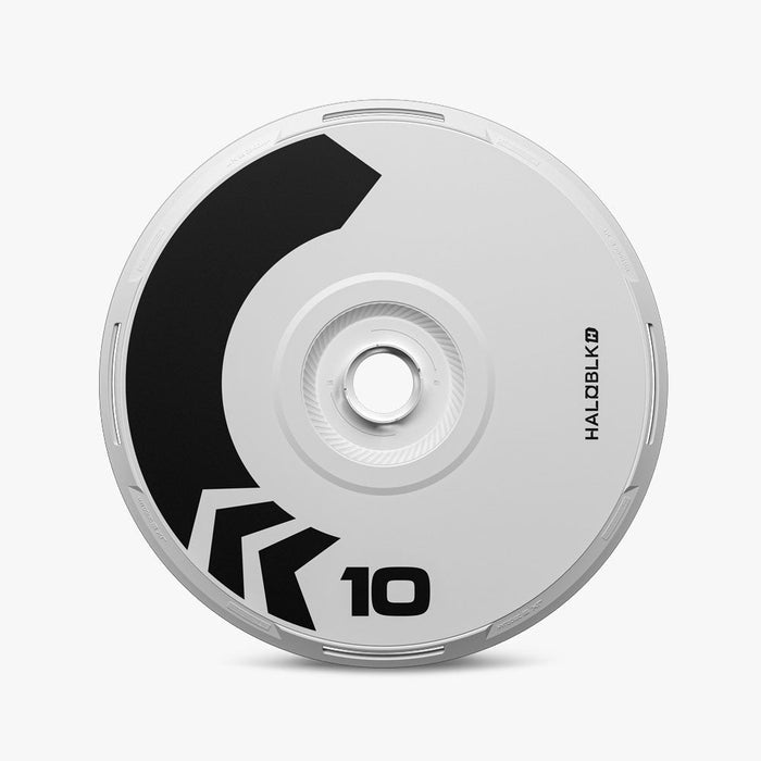 A white HALODISC 2 Replacement Wheel Cover for Tesla Model S by HALOBLK Store, featuring a black curved design, the number 10, and "HALOBLEND" text. Displayed top-down against a white background.