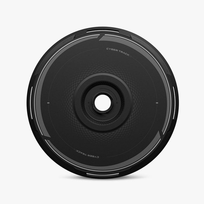 The HALODISC 2 Replacement Wheel Cover by HALOBLK Store is a black, circular, aerodynamic wheel cover for Tesla Model Y Juniper. It features subtle gray geometric patterns and "CYBER TRACK" text twice near the edge on a plain white background.