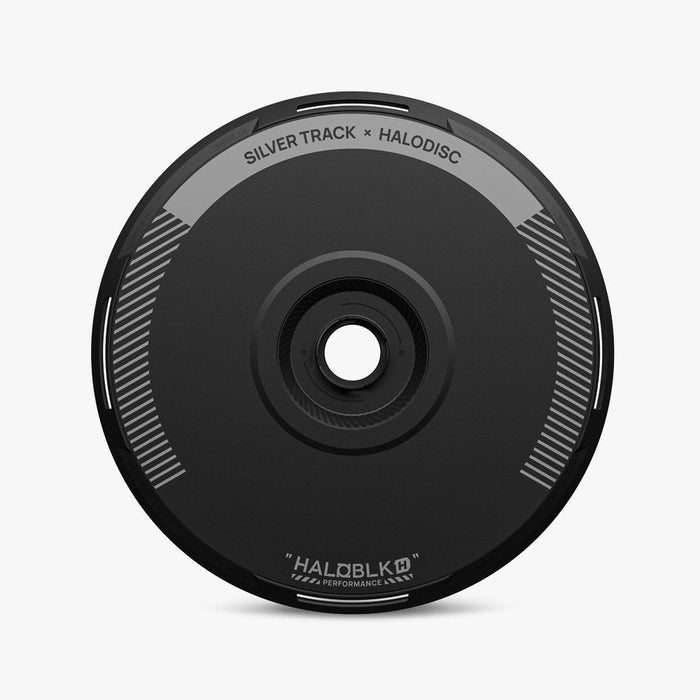 The HALODISC 2 Replacement Wheel Covers for Tesla Model Y Juniper｜Silver Track from HALOBLK Store are shown with silver and white accents, branded “SILVER TRACK x HALODISC” on top and “HALOBLK PERFORMANCE” below, against a plain white background.