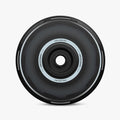 A sleek, modern HALODISC 2 Replacement Wheel Cover from HALOBLK Store for Tesla Model Y丨Vision-GT, black and circular with a central hub, labeled “HALODISC” and “AERODYNAMIC” around the inner ring.