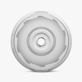 A top-down view of the HALODISC 2 Replacement Wheel Cover for Tesla Model Y by HALOBLK Store, featuring a silver, aerodynamic design with "HALODISC" and "AERODYNAMIC" printed around the central hub.