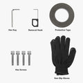 The HALOBLK Store Halodisc 2 Wheel Covers Installation Kit includes a hex key, removal hook, protective tape roll, four hex screws, and black non-slip gloves arranged on a white background with labeled parts.