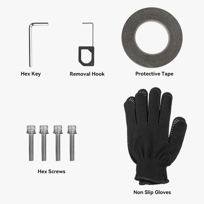 The HALOBLK Store Halodisc 2 Wheel Covers Installation Kit includes a hex key, removal hook, protective tape roll, four hex screws, and black non-slip gloves arranged on a white background with labeled parts.