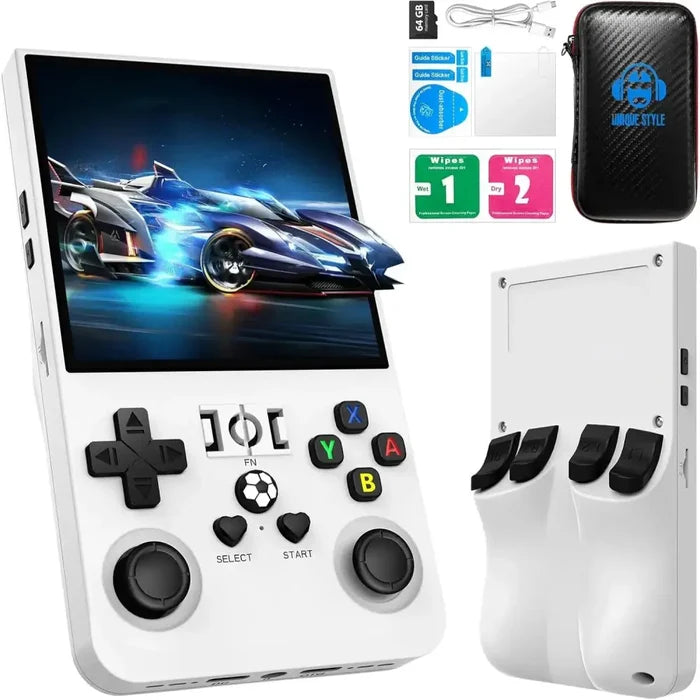 Habicare 9eight5 handheld Linux console with 4.0-inch IPS screen and 64GB or 128GB storage, portable gaming device.