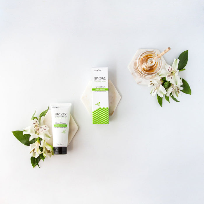 The Honey Collection Harvest Crush Uplifting Face Polish cleanser with natural ingredients and textured exfoliating particles.