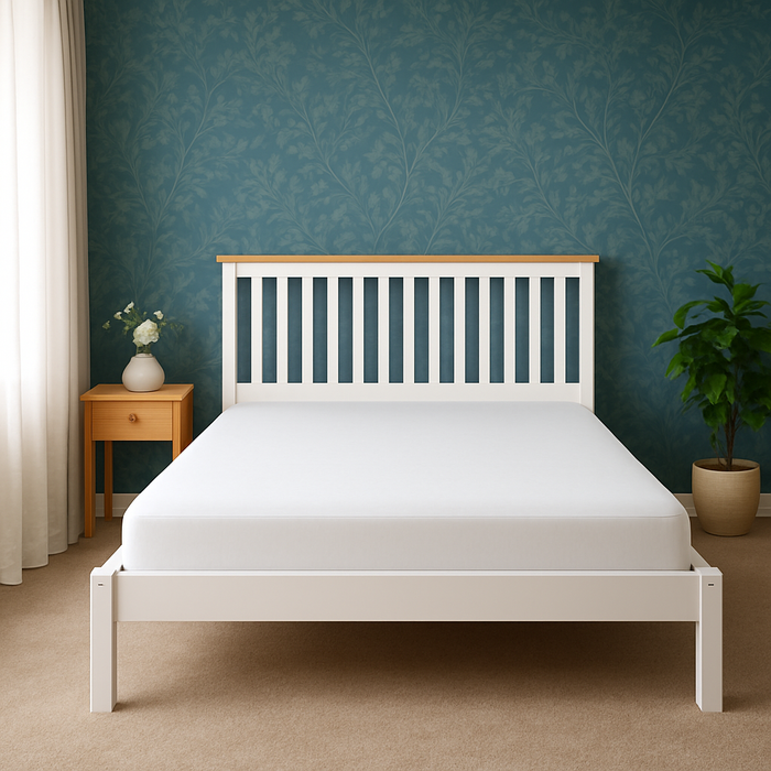 Hayes solid pine double bed frame by sue-e furniture with headboard and sturdy wooden construction on a bedroom floor setting.