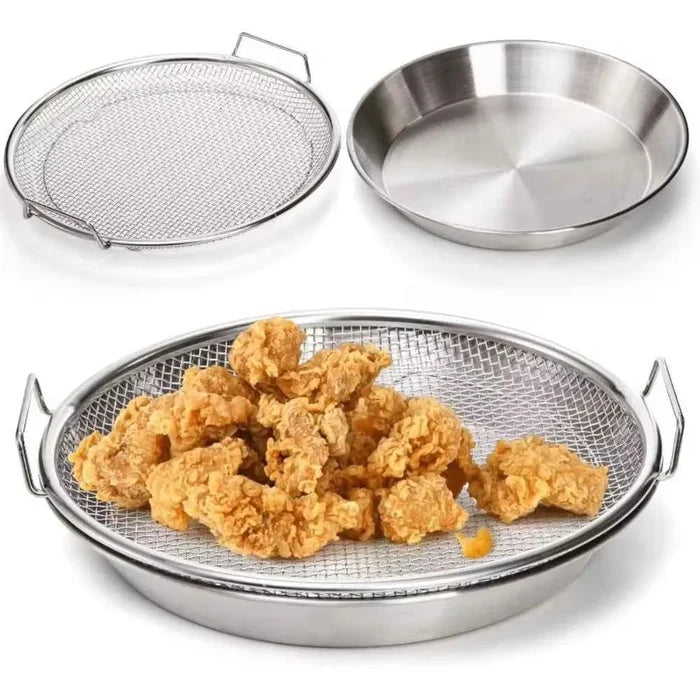 Heavy duty frying rack with tray for cooking accessories, black metal frame with multiple slots for draining and cooling food.