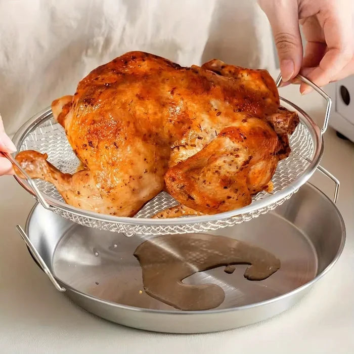 Heavy duty frying rack with tray from ShopHub NZ, stainless steel cooking accessory for draining and cooling fried foods.