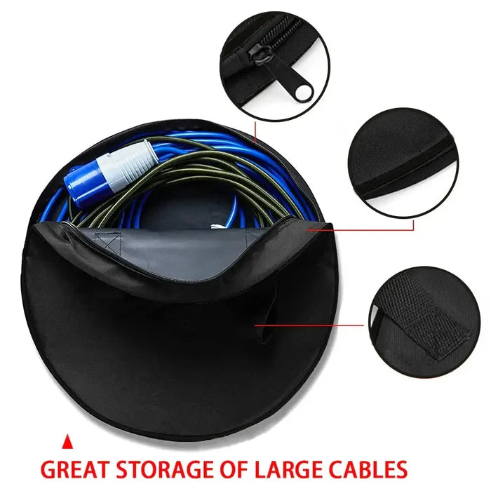 Heavy Duty RV and Caravan Cable Storage Bag by Habicare, durable black nylon with zipper closure for organizing electrical cords.