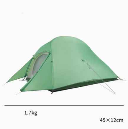 Mead's Supply & Equipment Outfitters hiking camping tent set up outdoors with rainfly and sleeping area in a forest setting.