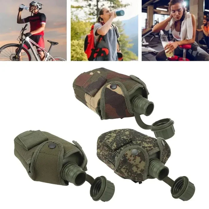 Stainless steel 1L hiking water bottle with Habicare branding, featuring a secure cap and ergonomic design for outdoor adventures.