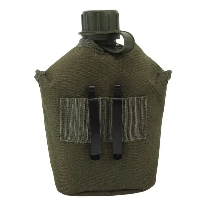 Stainless steel Habicare 1L hiking water bottle with a secure lid and ergonomic design for outdoor hydration.