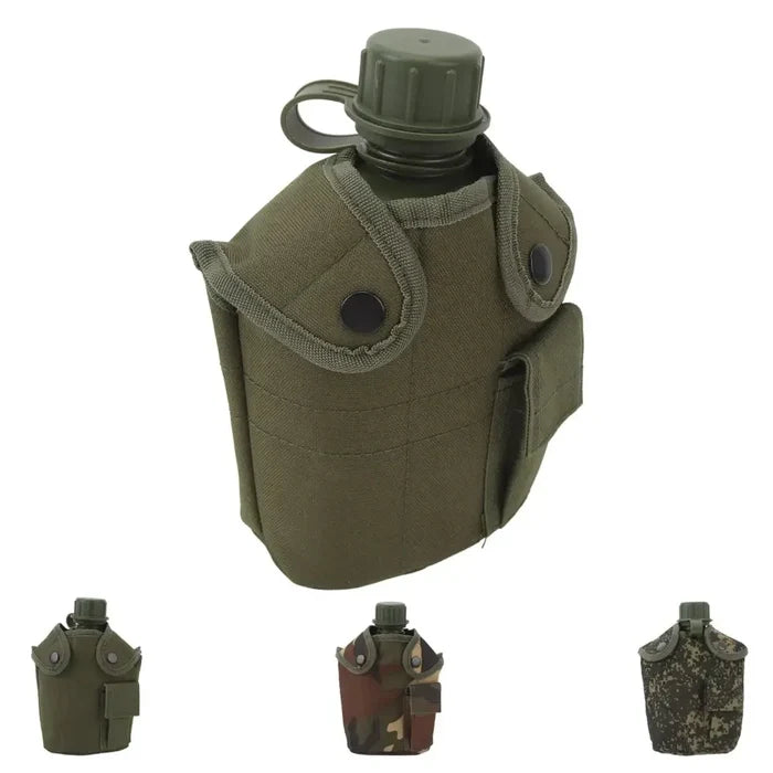 Stainless steel Habicare 1L hiking water bottle with a screw-top lid, designed for outdoor adventure and hydration.