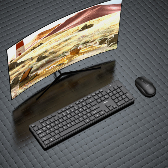 Techplus Hoco wireless keyboard and mouse combo with USB receiver, sleek black design, compact and ergonomic for comfortable use