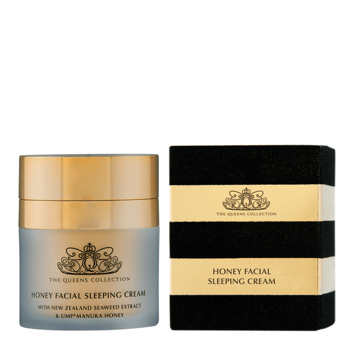 Cream jar of The Honey Collection Honey Facial Sleeping Cream moisturizer, showing the product label and smooth cream inside.